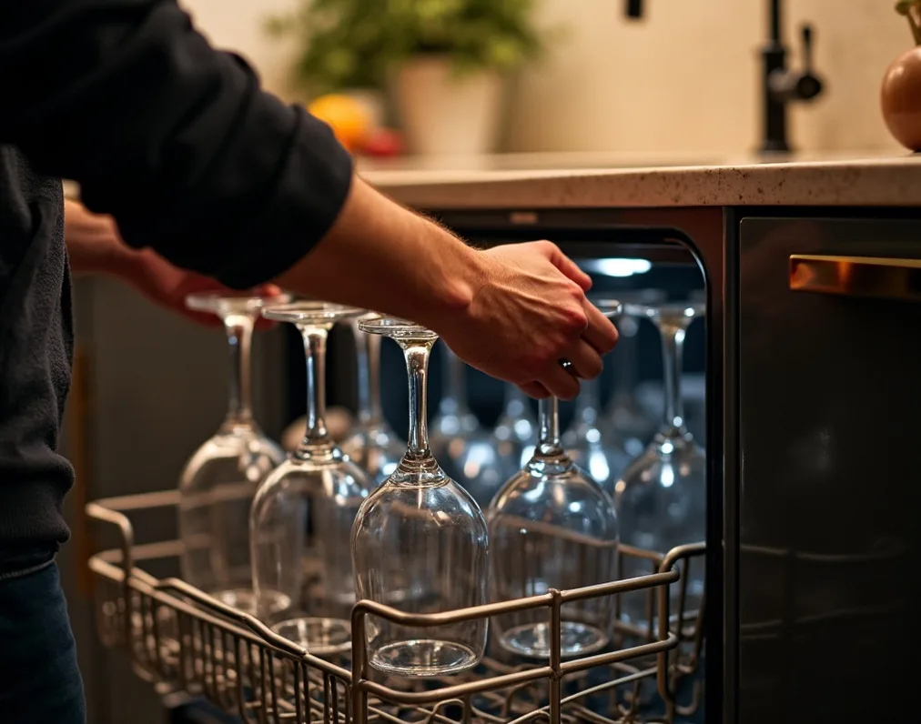 Hands carefully placing wine glasses into the upper rack of a luxury dishwasher
