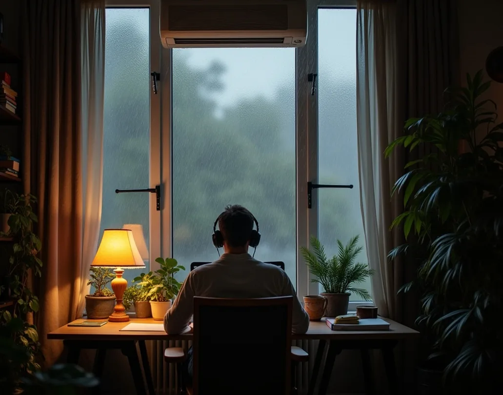 Cozy rainy afternoon scene viewed from a window inside a stylish apartment