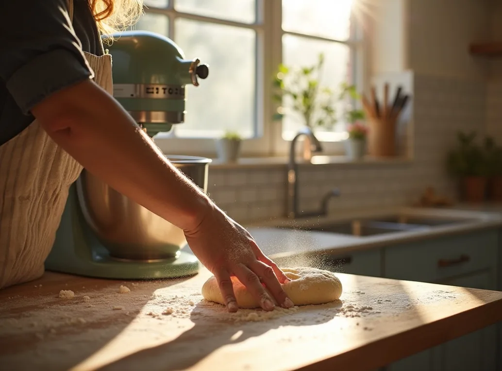 Hands of a baker kneading dough beside a gleaming stand mixer