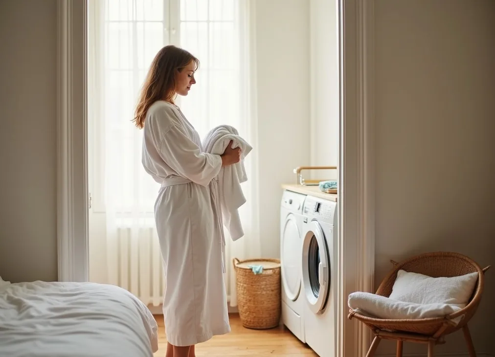 Quiet bedroom adjacent to an open laundry nook at dawn