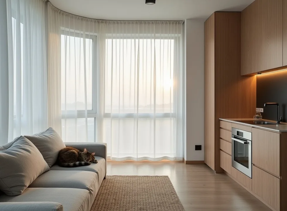 Minimalist Scandinavian-style studio apartment at dawn