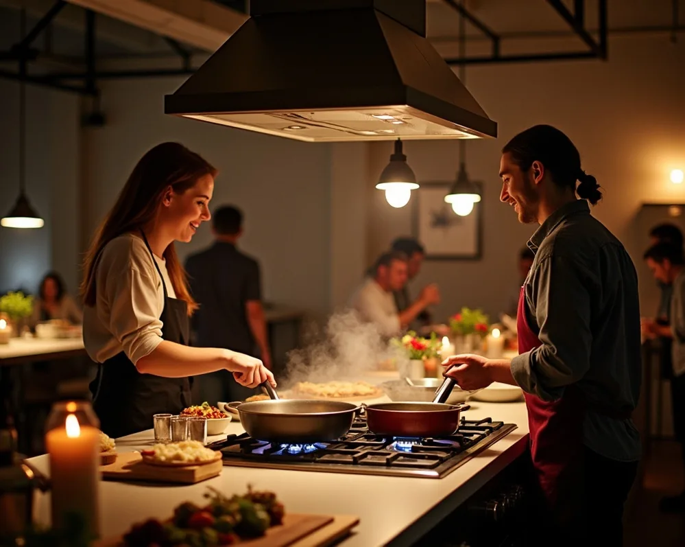 Sleek industrial loft kitchen during a dinner party with two friends preparing food